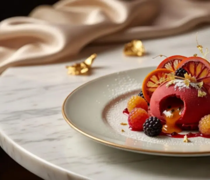 Művészi tálalású fine dining desszert a Lunettrában