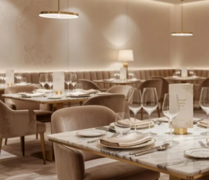 Elegáns fine dining teríték márványasztalon a Lunetrra étteremben